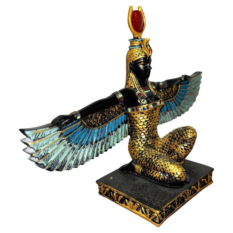 Hand Painted Resin Egyptian Goddess Tabletop Sculpture of Winged Deity Isis
