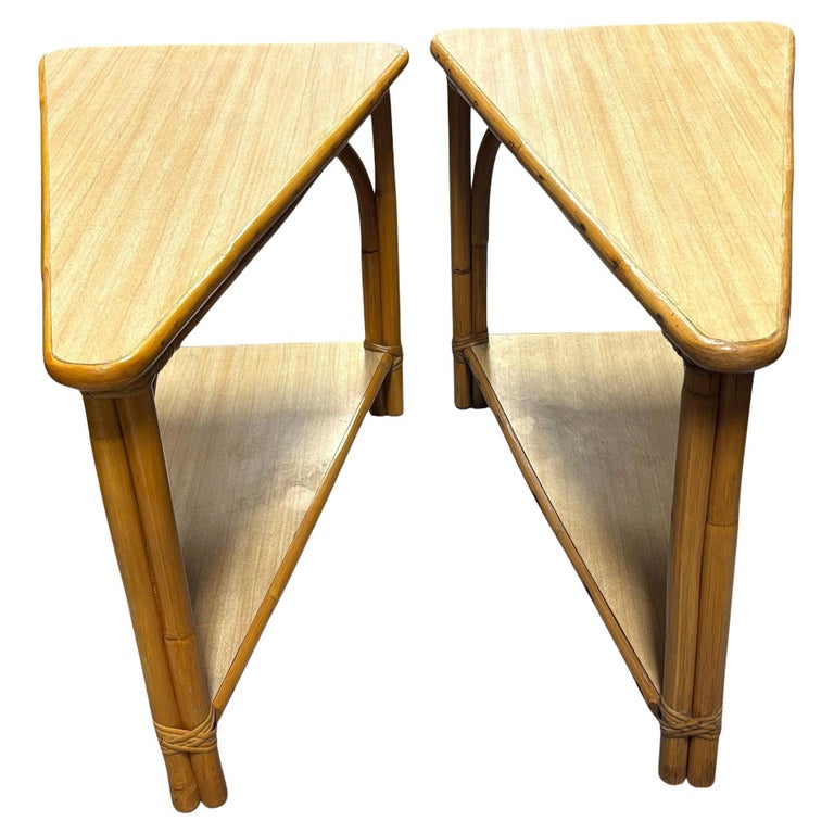 Restored MCM Rattan & Formica 2-Tiered High Arch 3-Strand Wedge Side Table, Pair