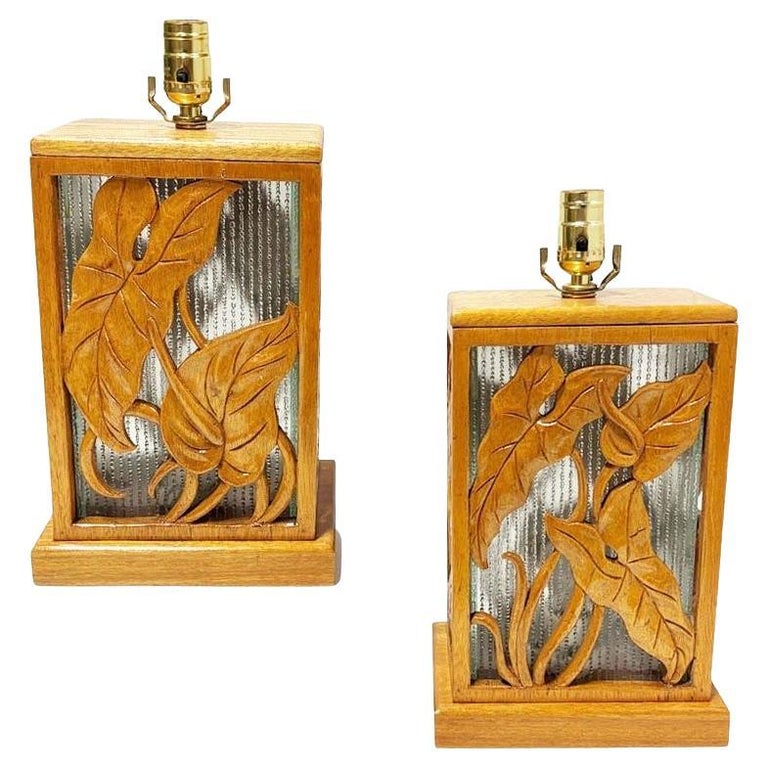Restored Mid-century Hawaiian Carved Mango Wood Panel Lantern Table Lamps, Pair