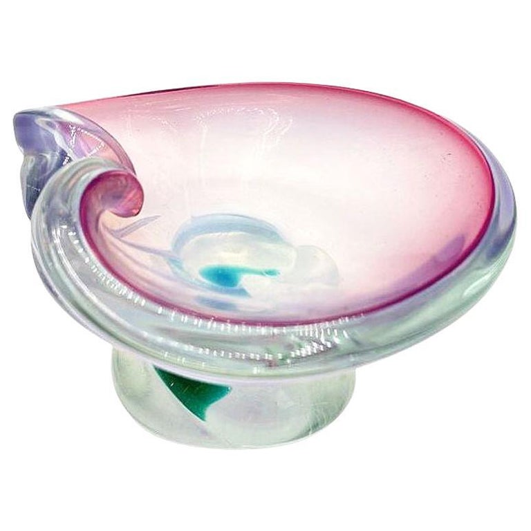 Mid-Century Murano Peacock Art Glass Pedestal Ashtray w/ Pink Pastel Swirl
