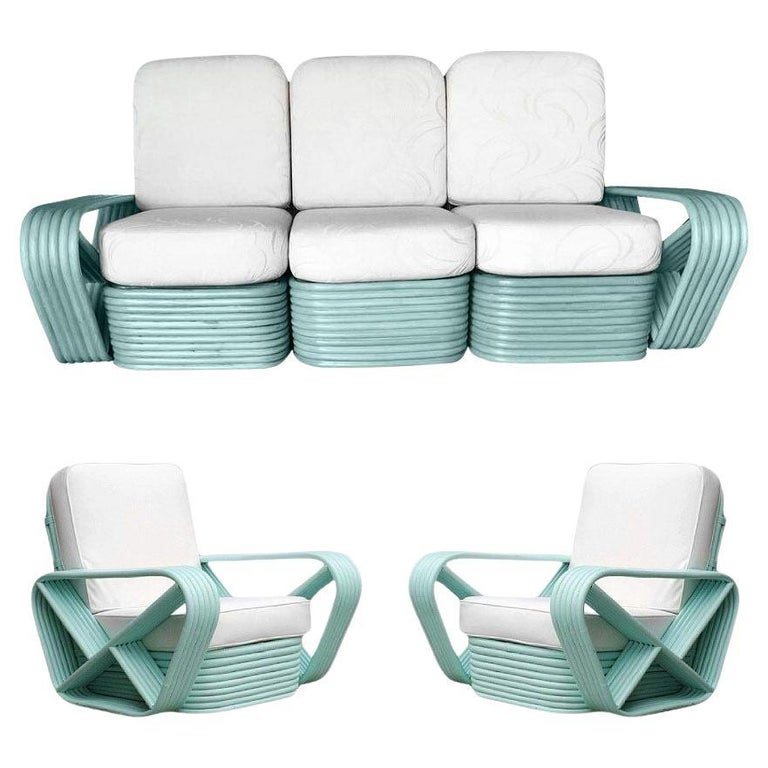 Restored Teal 6-Strand Square Pretzel Rattan Sofa & Lounge Chair Livingroom Se