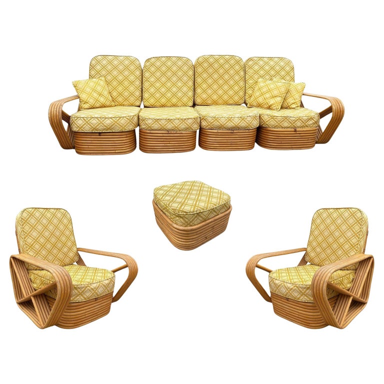 Restored Mid-century 5-Strand Square Pretzel Rattan Chair & Sofa Livingroom Set