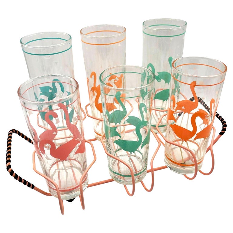 Mid-Century Pink Wire Frame Drinks Tray w/ Six Highball Flamingo Glasses