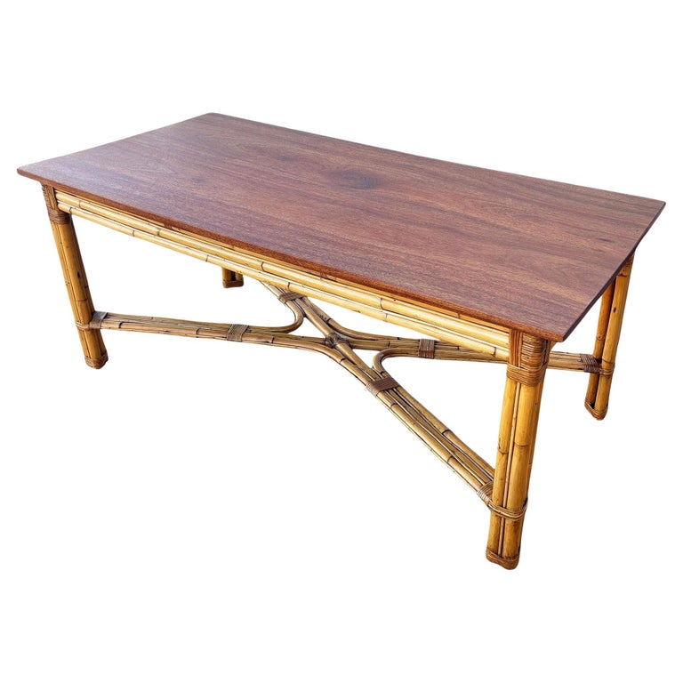 Restored Mid-century X-Pattern Coastal Rattan Dining Table w/ Mahogany Top