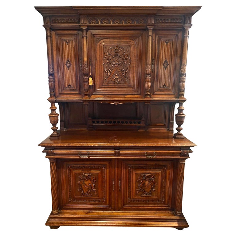 19th Century French Henry II Renaissance Carved Walnut Buffet Sideboard Cabinet