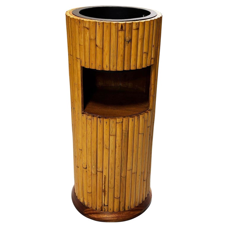 Restored Paul Frankl Style Stacked Rattan Planter Stand w/ Cubby