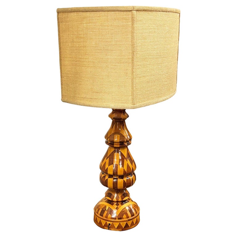 Mid-Century Hand Turned Segmented Marquetry Inlay Mosaic Table Lamp w/ Shade
