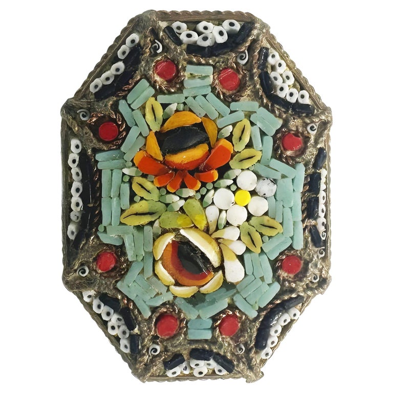 Italian Micro Mosaic Inlay Jade Brass Brooch