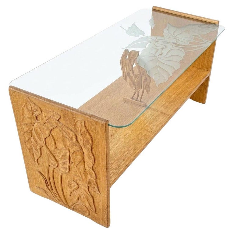 Restored Hand Carved Hawaiian Koa Wood 2 Tiered Coffee Table w/ Glass Table