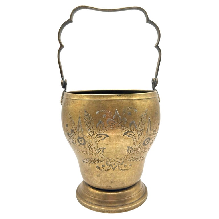 Late Victorian Hand Etched Floral Brass Ice Bucket w/ Whimsical Handle