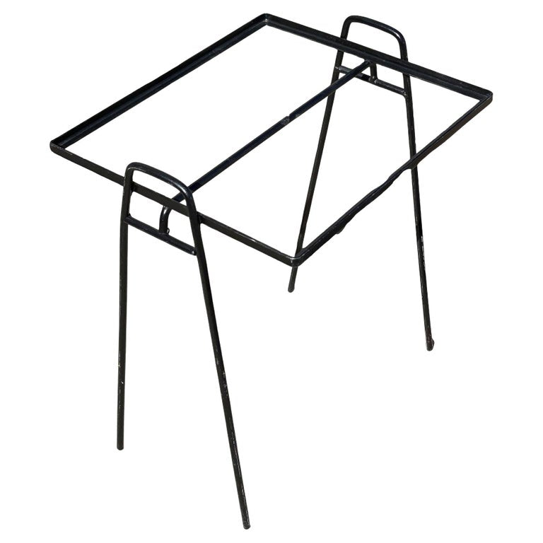 Mid-century Geometric Black Iron Patio/Outdoor Side Drinks Table w/ Glass Top