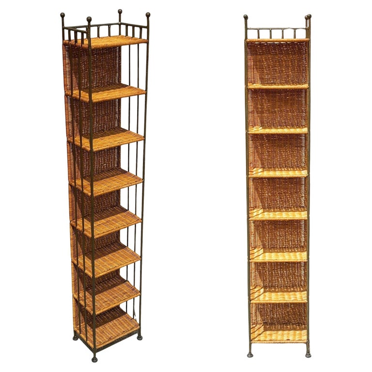 1990s Boho Wicker & Cast Iron Compact Disc CD Holder Towers, Pair