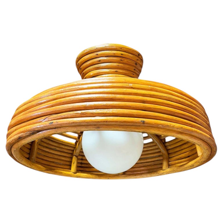 Restored Mid-century Hanging Rattan Ceiling Lamp Chandelier w/ Center Globe