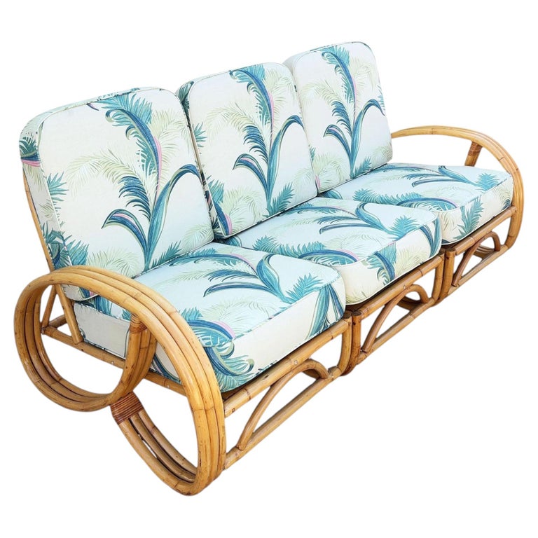 Restored Mid-Century 3-strand 3/4 Round Pretzel Arm Rattan Sectional 3-Seat Sofa