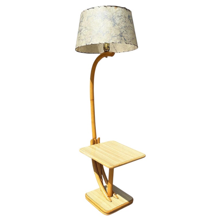 Rare Restored Two-tier Rattan Floor Lamp w/ Built-In Formica Top Side Table