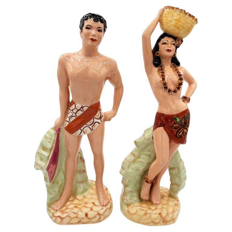 Mid-Century Hand Painted Hawaiian Hula Girl & Native Male Ceramic Statue Set