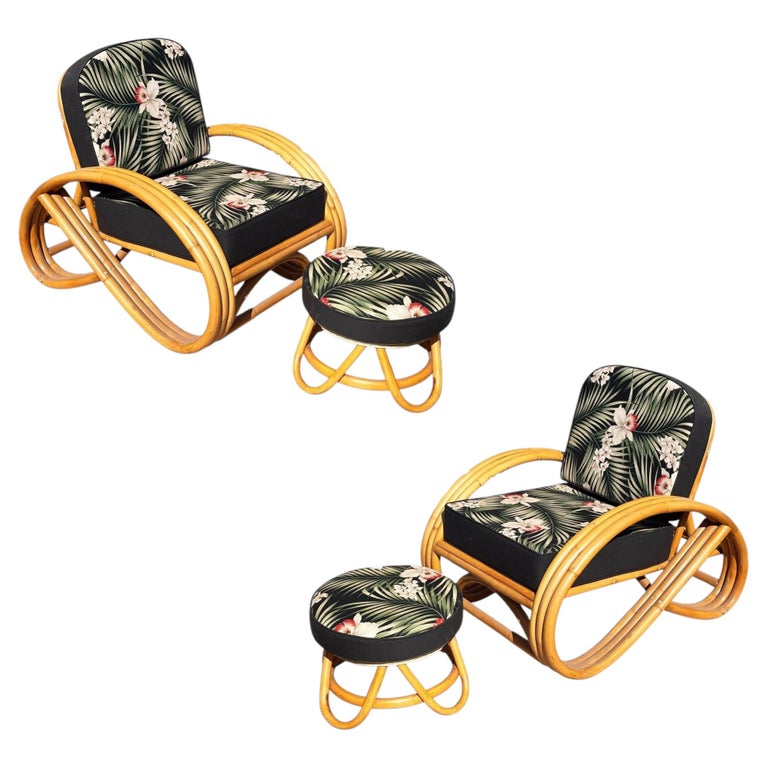 Restored MCM 3-Strand 3/4 Reverse Pretzel Rattan Lounge Chair& Ottoman Pair