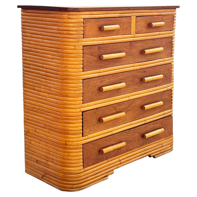 Restored Art Deco 6 Drawer Stacked Rattan Highboy Dresser w/ Mahogany Top