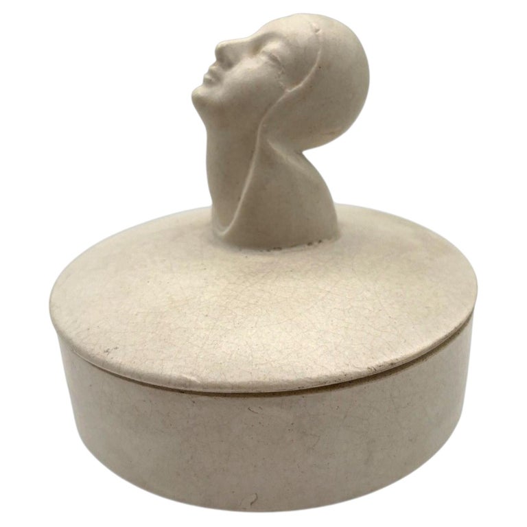 Mid-century Gray Earthenware Ceramic Vanity Powder Box w/ Female Bust Handle