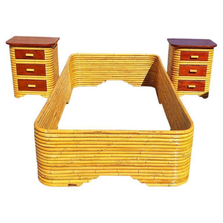 Restored Frankl Style Full Stacked Rattan Bed Frame w/ Night Stands Bedroom Set