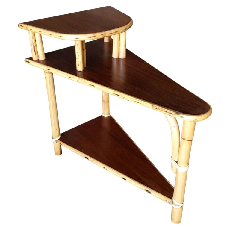 Restored Mid-century 3-Tier Wedge Side Lamp Table w/ Mahogany Tops