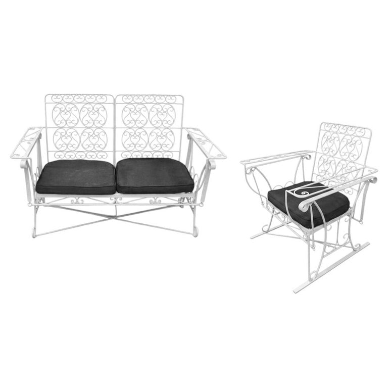 White Scrolling Wrought Iron Glider Rocking Settee & Chair Patio Outdoor Set