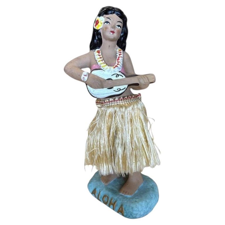 Mid-century "Aloha" Hula GirlCeramic Figurine w/ Ukulele and Red Flowers