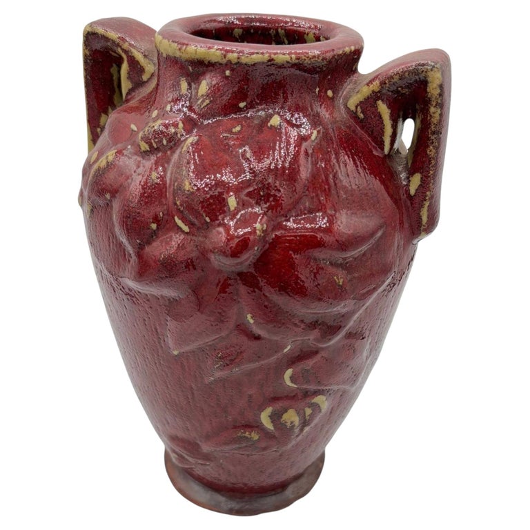 Red Art Pottery Vase with Dual Handles & Sculpted Floral Relief