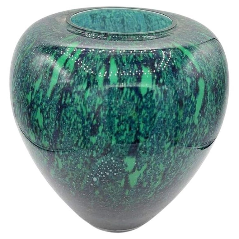 Large Hand-Blown Blue & Emerald Marbled Leaded Art Glass Vase, Unisgned