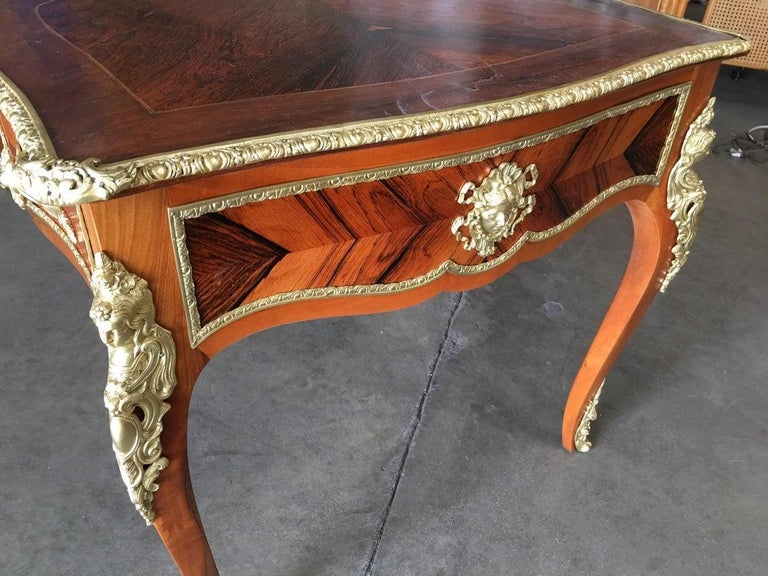 Louis XV Rococo Mahogany, Satinwood and Bureau Plat Executive Writing Desk
