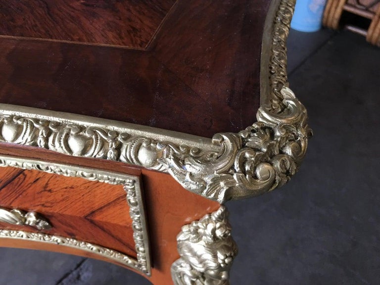 Louis XV Rococo Mahogany, Satinwood and Bureau Plat Executive Writing Desk