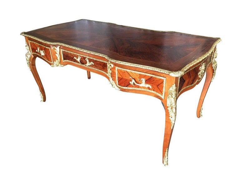 Louis XV Rococo Mahogany, Satinwood and Bureau Plat Executive Writing Desk
