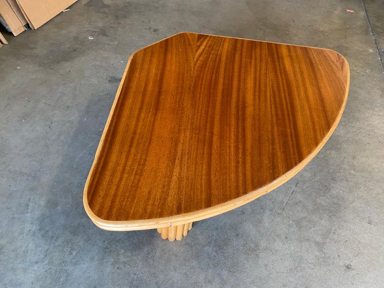 Restored "Pizza Slice" Rattan Side Table with Mahogany Top