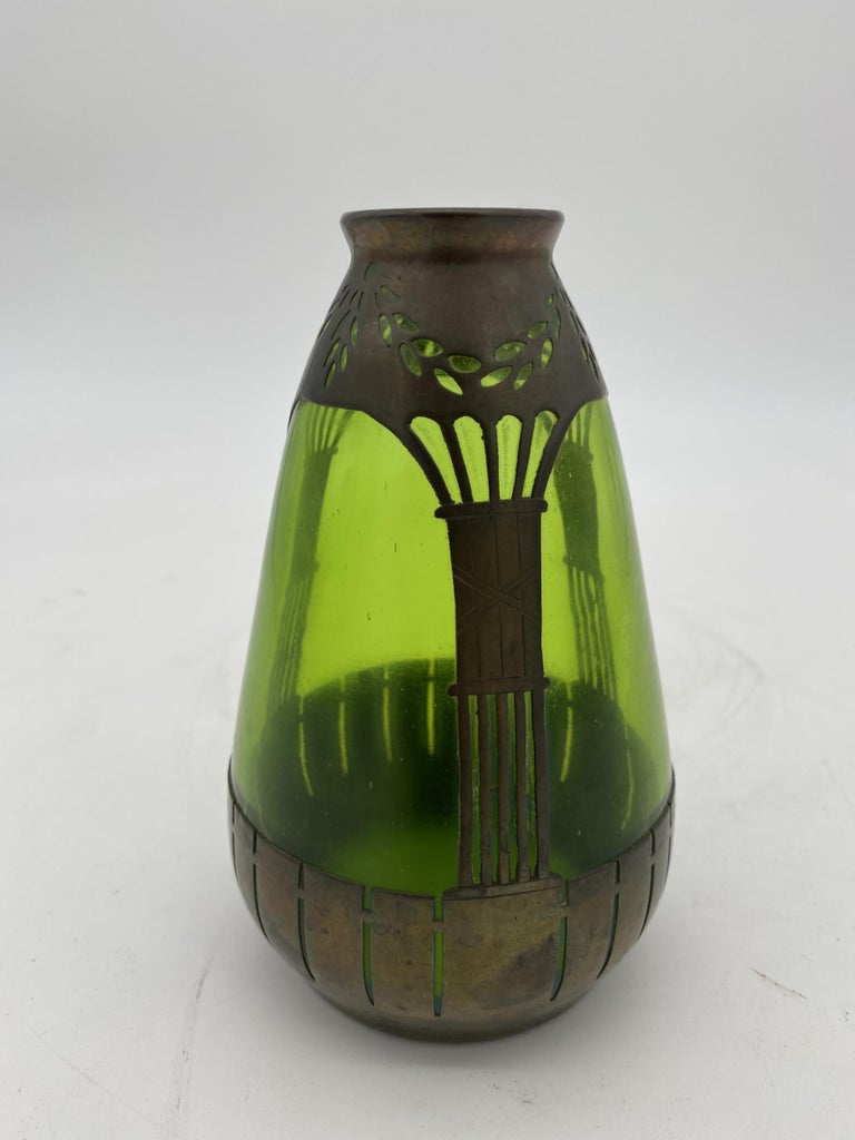 French Art Nouveau Copper and Green Glass Vase
