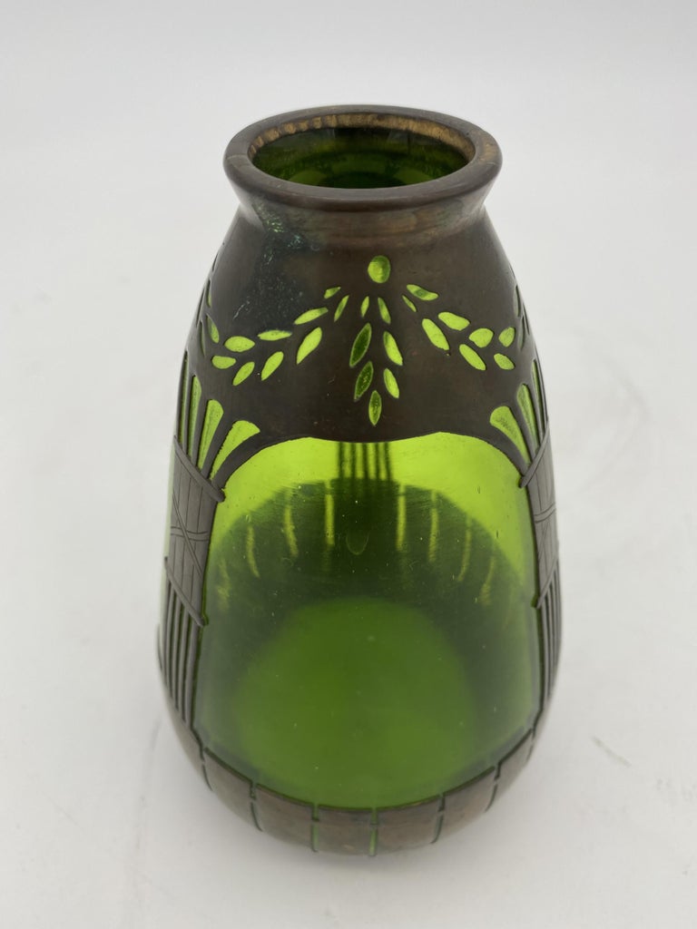 French Art Nouveau Copper and Green Glass Vase