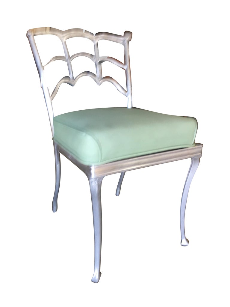 Art Deco Silver Tone Casted Aluminum Spiderweb Side Chair, Pair