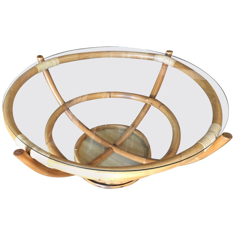 Restored Four Pole Rattan Coffee Table with Floating Glass Top