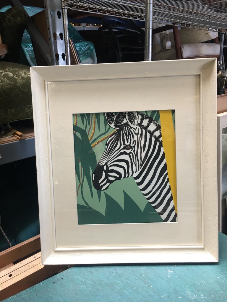 Post War Hawaiian Airbrush Zebra in Original Frame w/ large Mat, Pair