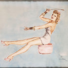 "Lady on Ottoman" Wood Framed Pinup Painting by Wilma Raffaelli, 1948.