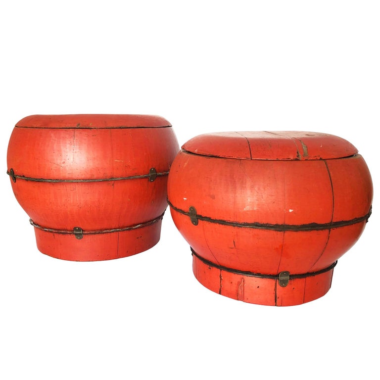 Chinese Red Lacquered Wood Rice Bucket Decorative Box with Lid