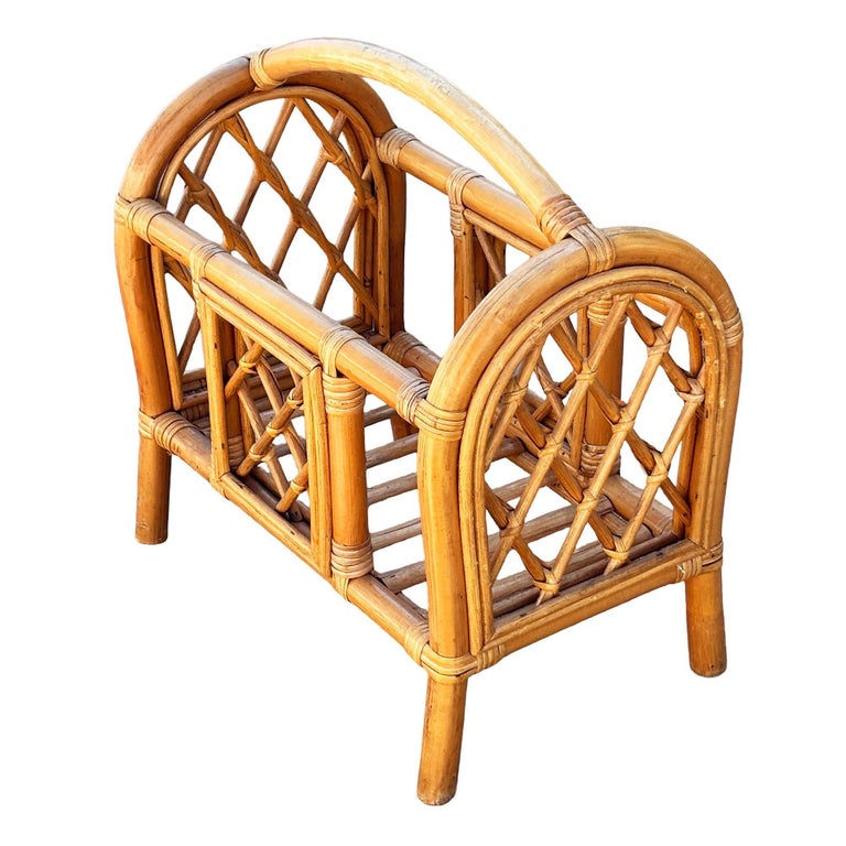 Restored Mid-century Rattan "Triumphal Arch" Magazine Rack with Handle