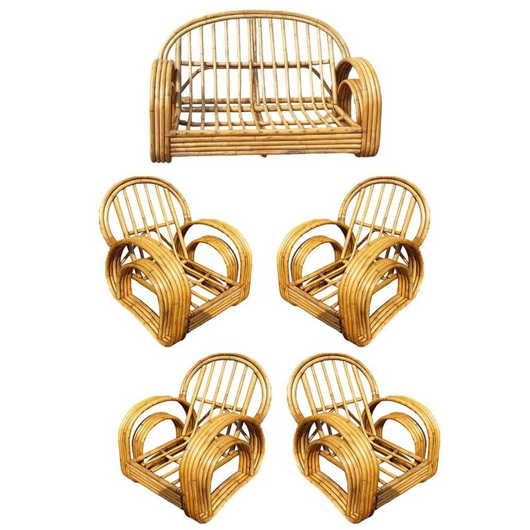 Restored 4-Strand Double Arch Speed Arms Rattan Sofa & Chairs Livingroom Set