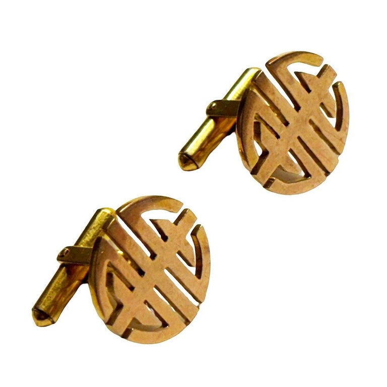14k MCM Round Chinese "Longevity" Cufflinks Circle Cut Men's Cufflinks, Pair