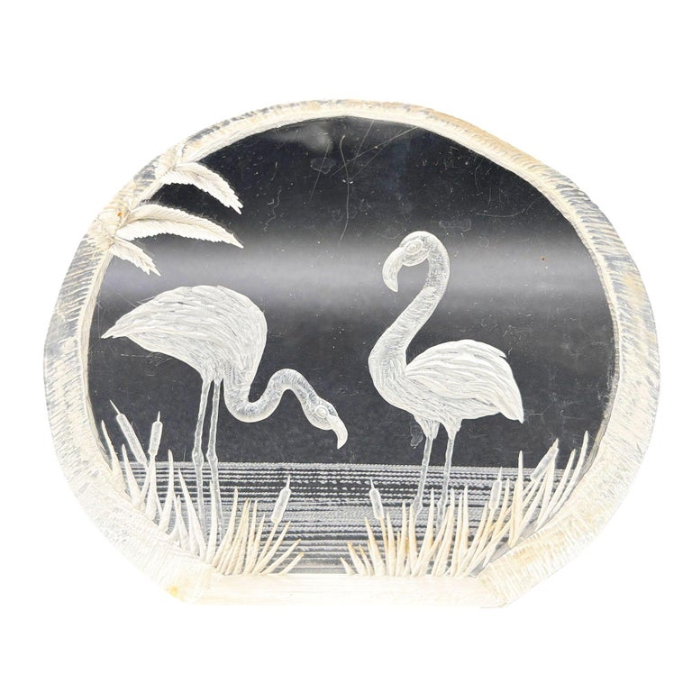Modern Flamingos In Water Round Reverse Carved Lucite Paperweight Sculpture