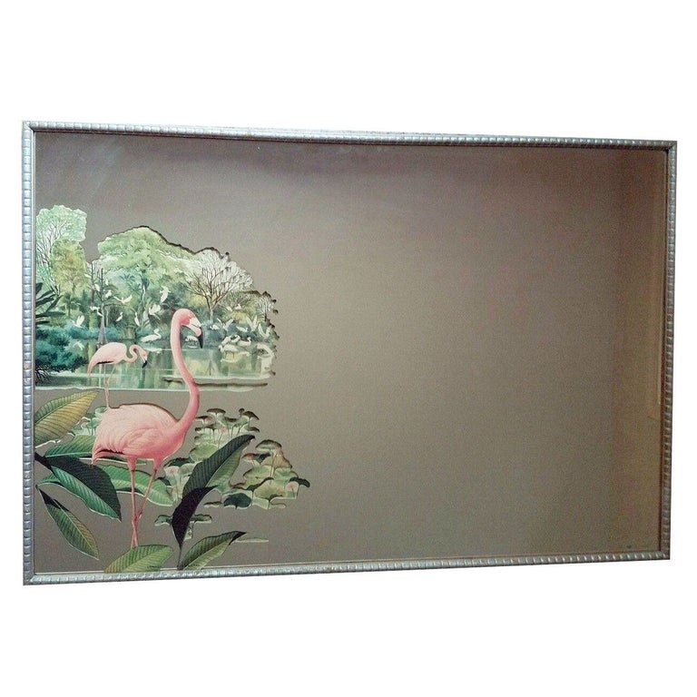 Rare Lithagraph Printed Pink Flamingo Framed Wall Mirror Wall by R. Stern for Tu