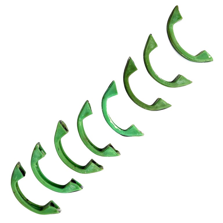 Art Deco Forest Green Bakelite Drawer Pulls w/ Chrome Strip, Set of 8