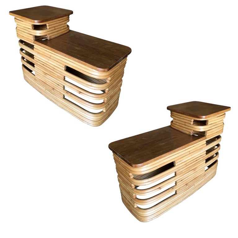 Paul Frankl-Style Stacked Rattan Side Tables with Mahogany Top, Pair, circa 1930
