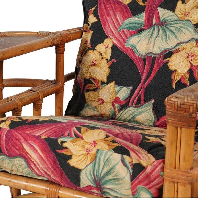 Rare MCM Stepped Rattan Sofa Chair Ottoman Livingroom Set w/ Built in End tables