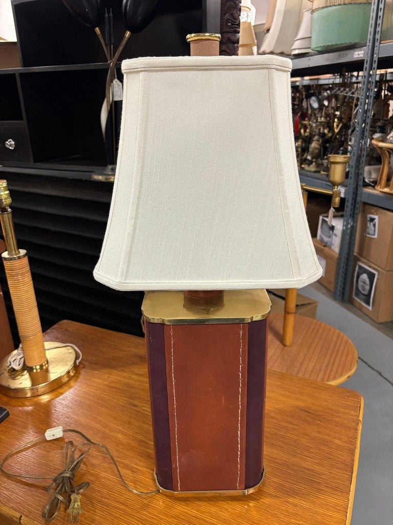 Two-Toned Square Leather Wrapped Table Lamp with Gold Trim