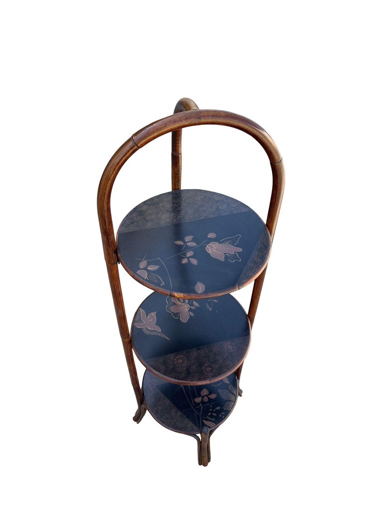 Costal Three Tiered Dark Stained Rattan Shelf w East Asian Motif Tops